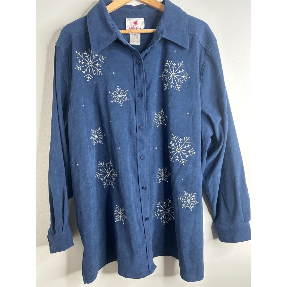 Quaker Factory‎ Womens 2X Blue Snowflake Embroidered Long Sleeve Button Up Shirt